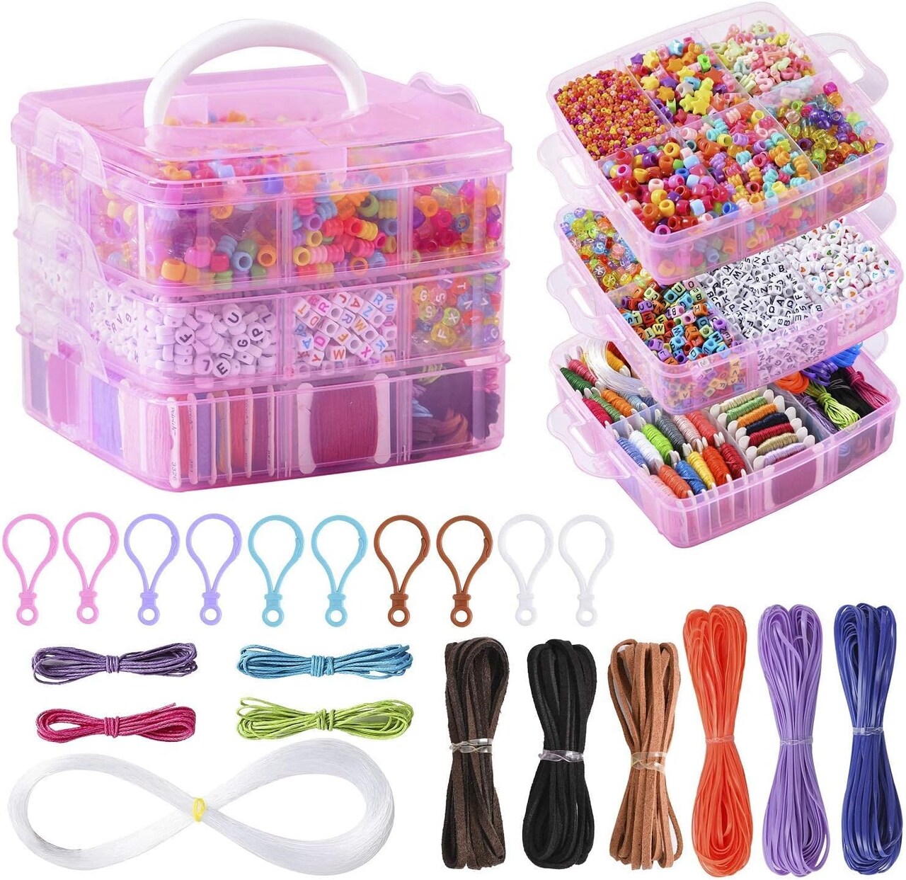 Bracelets Making Bead Kits, Includes 44 Colors Embroidery Floss with 3-Tier Organizer Storage Box, Over 4900 Beads for Friendship Bracelets, Jewelry Making Christmas Birthday Gift (Pink)